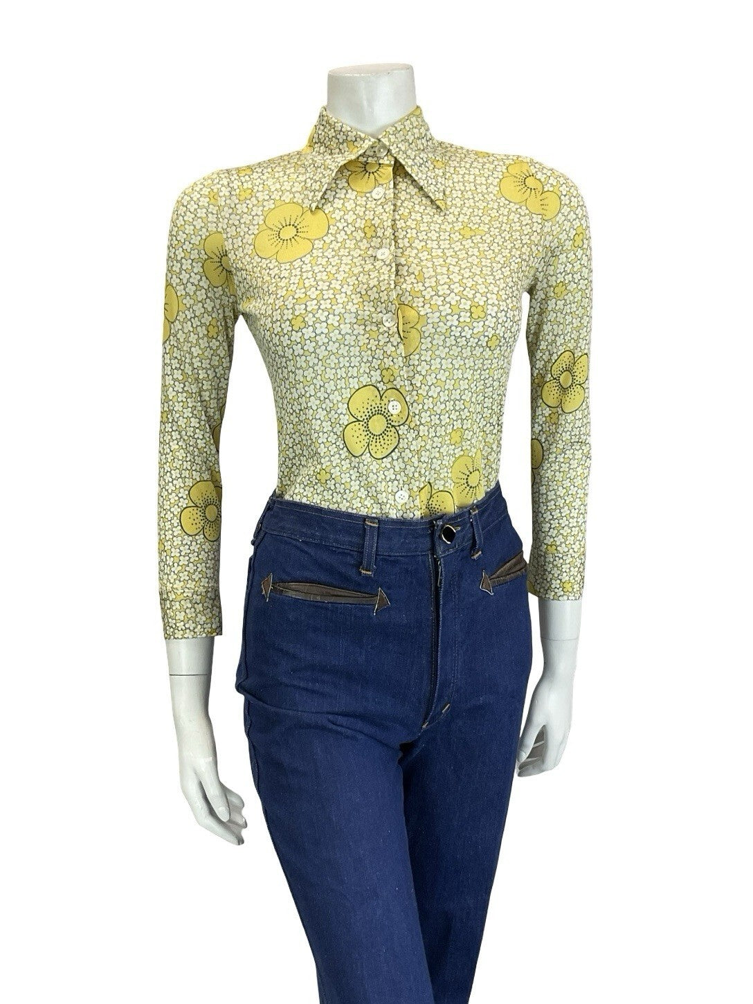 VTG 60S 70S RETRO MOD YELLOW WHITE BLACK DAISY FLORAL DAGGER COLLAR SHIRT 4