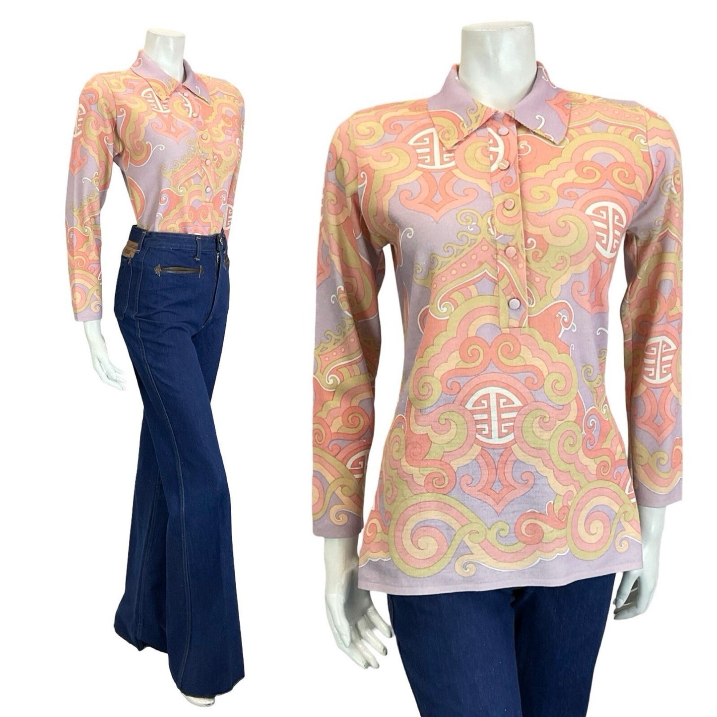 VTG 60S 70S PASTEL PURPLE PINK BEIGE ORIENTAL ART DECO LONG SLEEVE POLO SHIRT 12