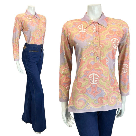 VTG 60S 70S PASTEL PURPLE PINK BEIGE ORIENTAL ART DECO LONG SLEEVE POLO SHIRT 12