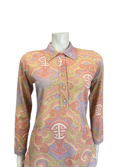 VTG 60S 70S PASTEL PURPLE PINK BEIGE ORIENTAL ART DECO LONG SLEEVE POLO SHIRT 12