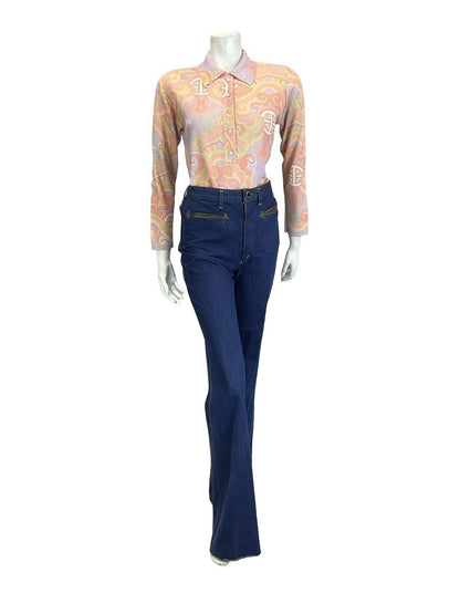 VTG 60S 70S PASTEL PURPLE PINK BEIGE ORIENTAL ART DECO LONG SLEEVE POLO SHIRT 12