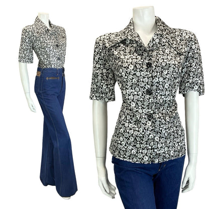 VTG 60S 70S BLACK WHITE ILLUSTRATIVE FLORAL NOTCH WING DAGGER COLLAR SHIRT 16