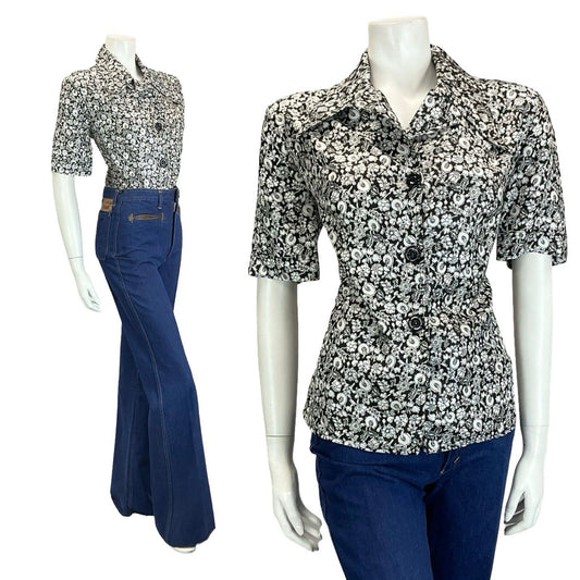 VTG 60S 70S BLACK WHITE ILLUSTRATIVE FLORAL NOTCH WING DAGGER COLLAR SHIRT 16