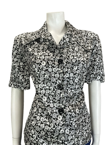 VTG 60S 70S BLACK WHITE ILLUSTRATIVE FLORAL NOTCH WING DAGGER COLLAR SHIRT 16