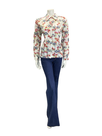 VTG 60S 70S WHITE RED BLUE GREEN POPPY FLORAL CHECKED DAGGER COLLAR SHIRT 16