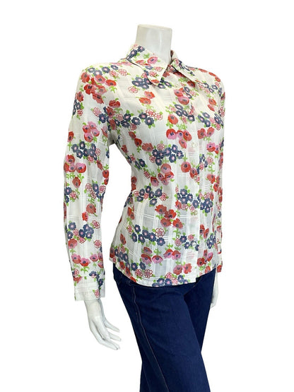 VTG 60S 70S WHITE RED BLUE GREEN POPPY FLORAL CHECKED DAGGER COLLAR SHIRT 16