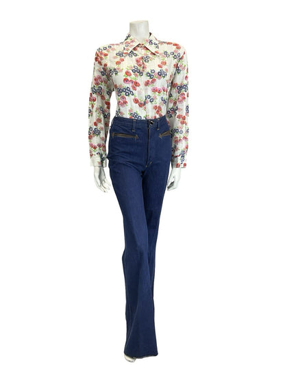 VTG 60S 70S WHITE RED BLUE GREEN POPPY FLORAL CHECKED DAGGER COLLAR SHIRT 16