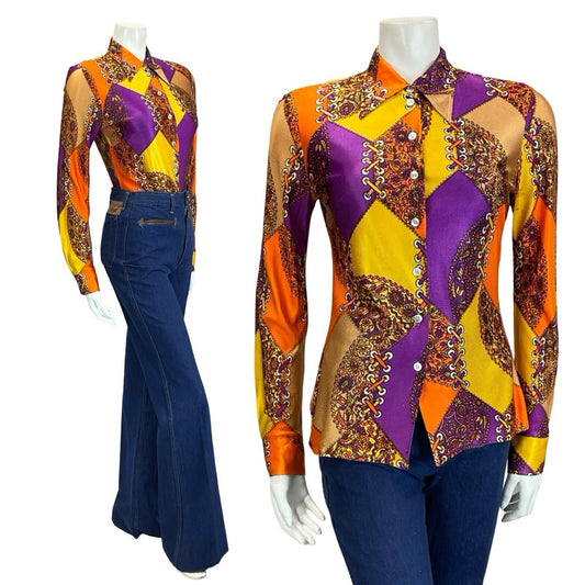 VTG 60S 70S GEOMETRIC PSYCHEDELIC ORANGE YELLOW PURPLE FLORAL LACING SHIRT 10