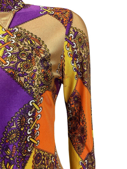 VTG 60S 70S GEOMETRIC PSYCHEDELIC ORANGE YELLOW PURPLE FLORAL LACING SHIRT 10
