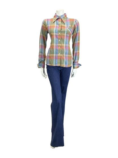 VTG 60S 70S GREEN PINK BLUE YELLOW WHITE PLAID CHECKED DAGGER FOLK SHIRT 14
