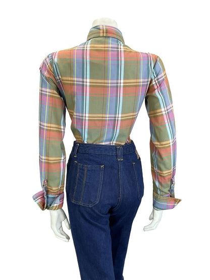 VTG 60S 70S GREEN PINK BLUE YELLOW WHITE PLAID CHECKED DAGGER FOLK SHIRT 14