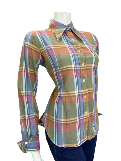 VTG 60S 70S GREEN PINK BLUE YELLOW WHITE PLAID CHECKED DAGGER FOLK SHIRT 14