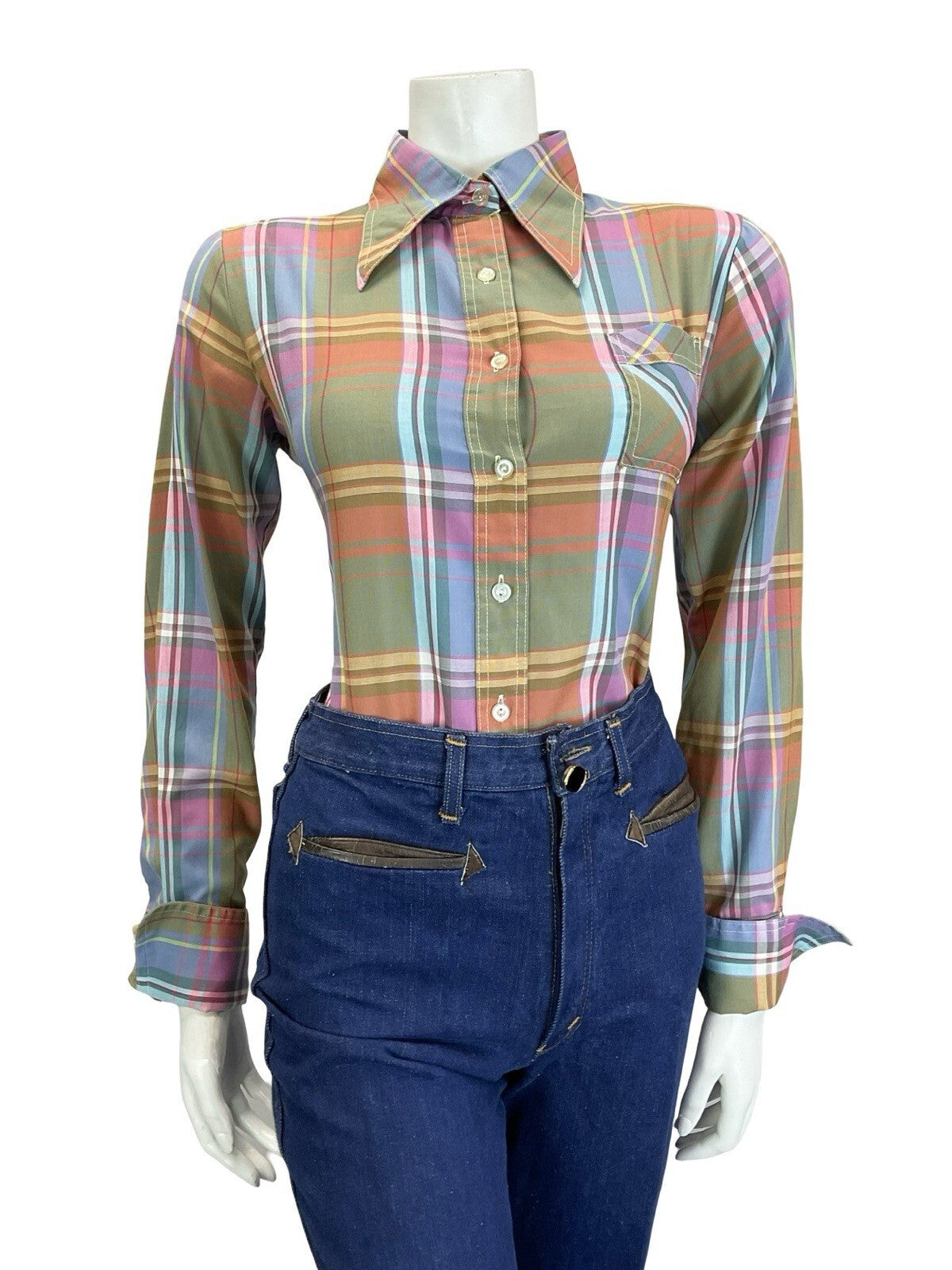 VTG 60S 70S GREEN PINK BLUE YELLOW WHITE PLAID CHECKED DAGGER FOLK SHIRT 14