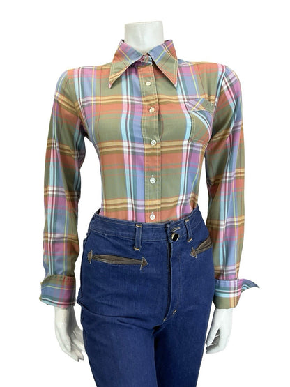 VTG 60S 70S GREEN PINK BLUE YELLOW WHITE PLAID CHECKED DAGGER FOLK SHIRT 14