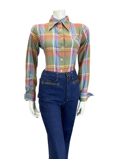 VTG 60S 70S GREEN PINK BLUE YELLOW WHITE PLAID CHECKED DAGGER FOLK SHIRT 14