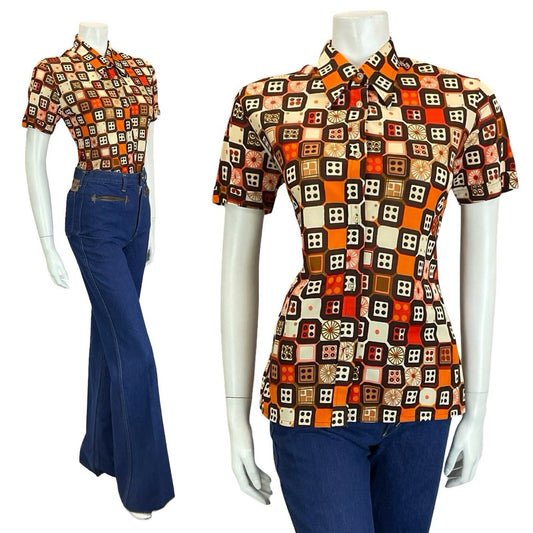 VTG 70S RETRO BROWN CREAM ORANGE RED GEOMETRIC DICE DAGGER COLLAR SHIRT 10
