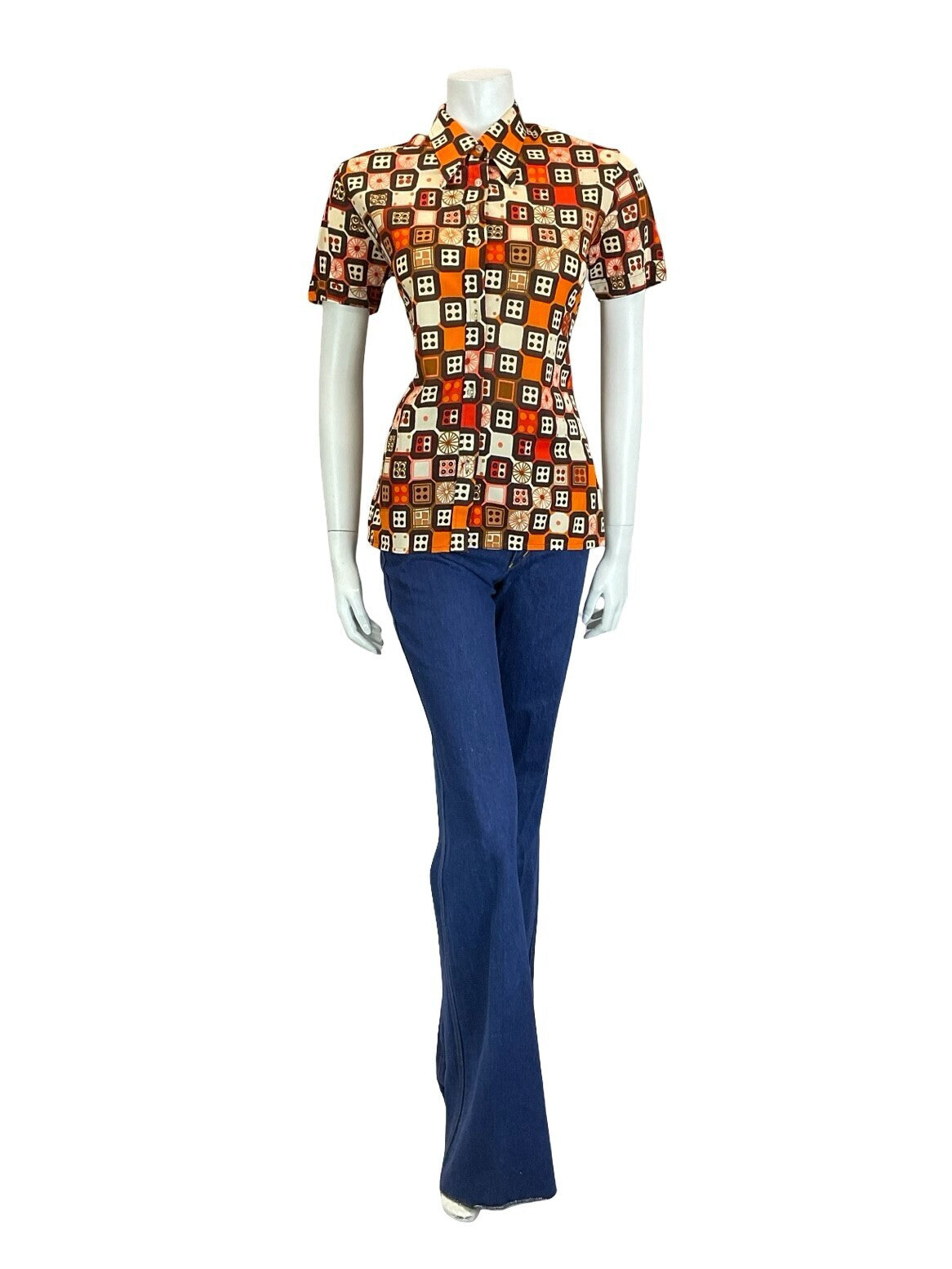 VTG 70S RETRO BROWN CREAM ORANGE RED GEOMETRIC DICE DAGGER COLLAR SHIRT 10