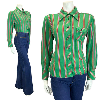 VTG 60S 70S GREEN PURPLE PINK ORANGE  STRIPE GEOMETRIC DAGGER COLLAR SHIRT 16
