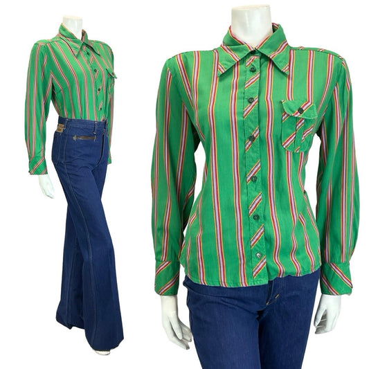 VTG 60S 70S GREEN PURPLE PINK ORANGE  STRIPE GEOMETRIC DAGGER COLLAR SHIRT 16