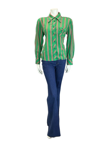 VTG 60S 70S GREEN PURPLE PINK ORANGE  STRIPE GEOMETRIC DAGGER COLLAR SHIRT 16