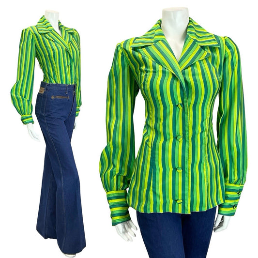VTG 60S 70S GREEN STRIPED NOTCH LAPEL COLLAR BISHOP SLEEVE BLAZER SHIRT 12
