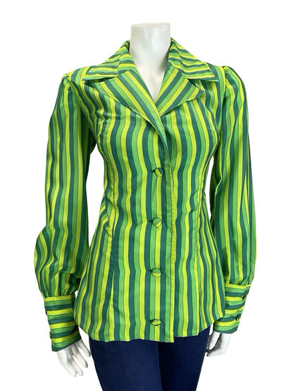 VTG 60S 70S GREEN STRIPED NOTCH LAPEL COLLAR BISHOP SLEEVE BLAZER SHIRT 12