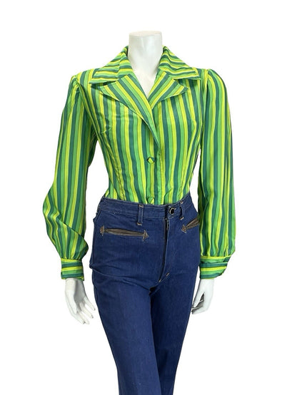 VTG 60S 70S GREEN STRIPED NOTCH LAPEL COLLAR BISHOP SLEEVE BLAZER SHIRT 12
