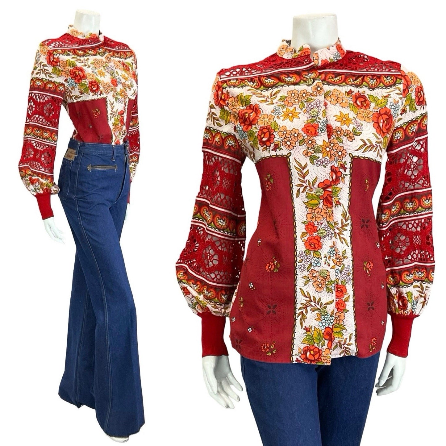 VTG 60S 70S RED WHITE ORANGE FLORAL FOLK CROCHET MANDARIN BALOON SLEEVE SHIRT 10