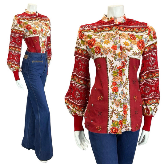 VTG 60S 70S RED WHITE ORANGE FLORAL FOLK CROCHET MANDARIN BALOON SLEEVE SHIRT 10