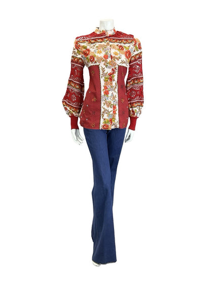 VTG 60S 70S RED WHITE ORANGE FLORAL FOLK CROCHET MANDARIN BALOON SLEEVE SHIRT 10