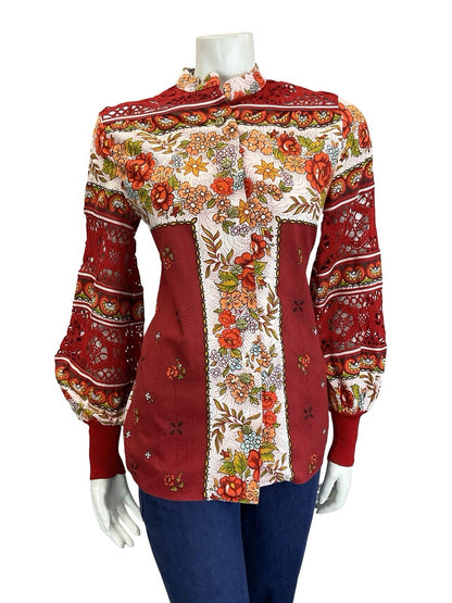 VTG 60S 70S RED WHITE ORANGE FLORAL FOLK CROCHET MANDARIN BALOON SLEEVE SHIRT 10