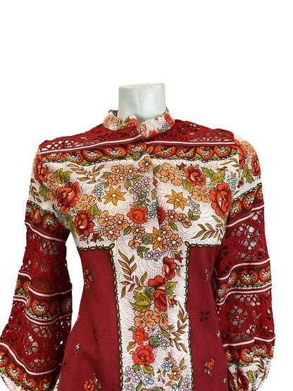 VTG 60S 70S RED WHITE ORANGE FLORAL FOLK CROCHET MANDARIN BALOON SLEEVE SHIRT 10
