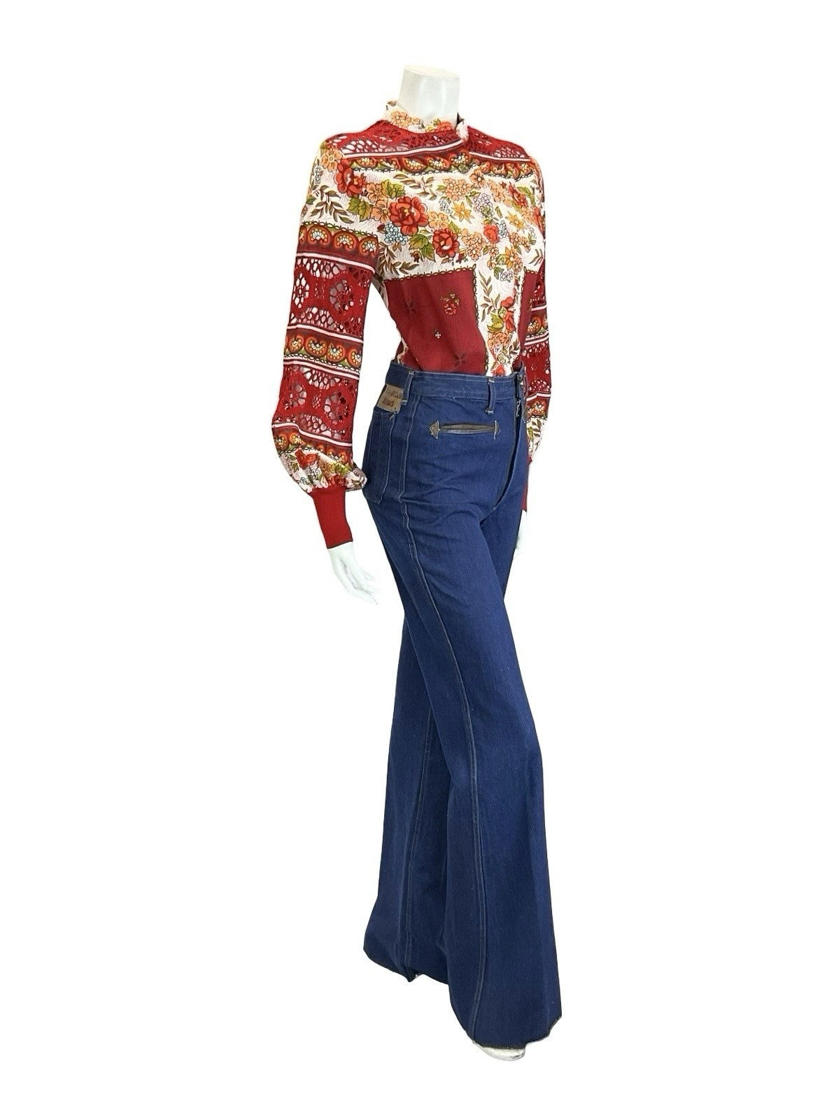 VTG 60S 70S RED WHITE ORANGE FLORAL FOLK CROCHET MANDARIN BALOON SLEEVE SHIRT 10