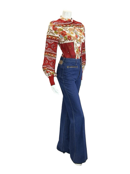 VTG 60S 70S RED WHITE ORANGE FLORAL FOLK CROCHET MANDARIN BALOON SLEEVE SHIRT 10