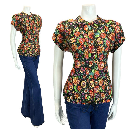 VTG 60S 70S BLACK RED ORANGE GREEN FOLK PSYCHEDELIC FLORAL BLOUSON BLOUSE 6 XS