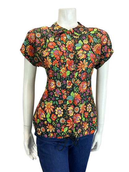 VTG 60S 70S BLACK RED ORANGE GREEN FOLK PSYCHEDELIC FLORAL BLOUSON BLOUSE 6 XS