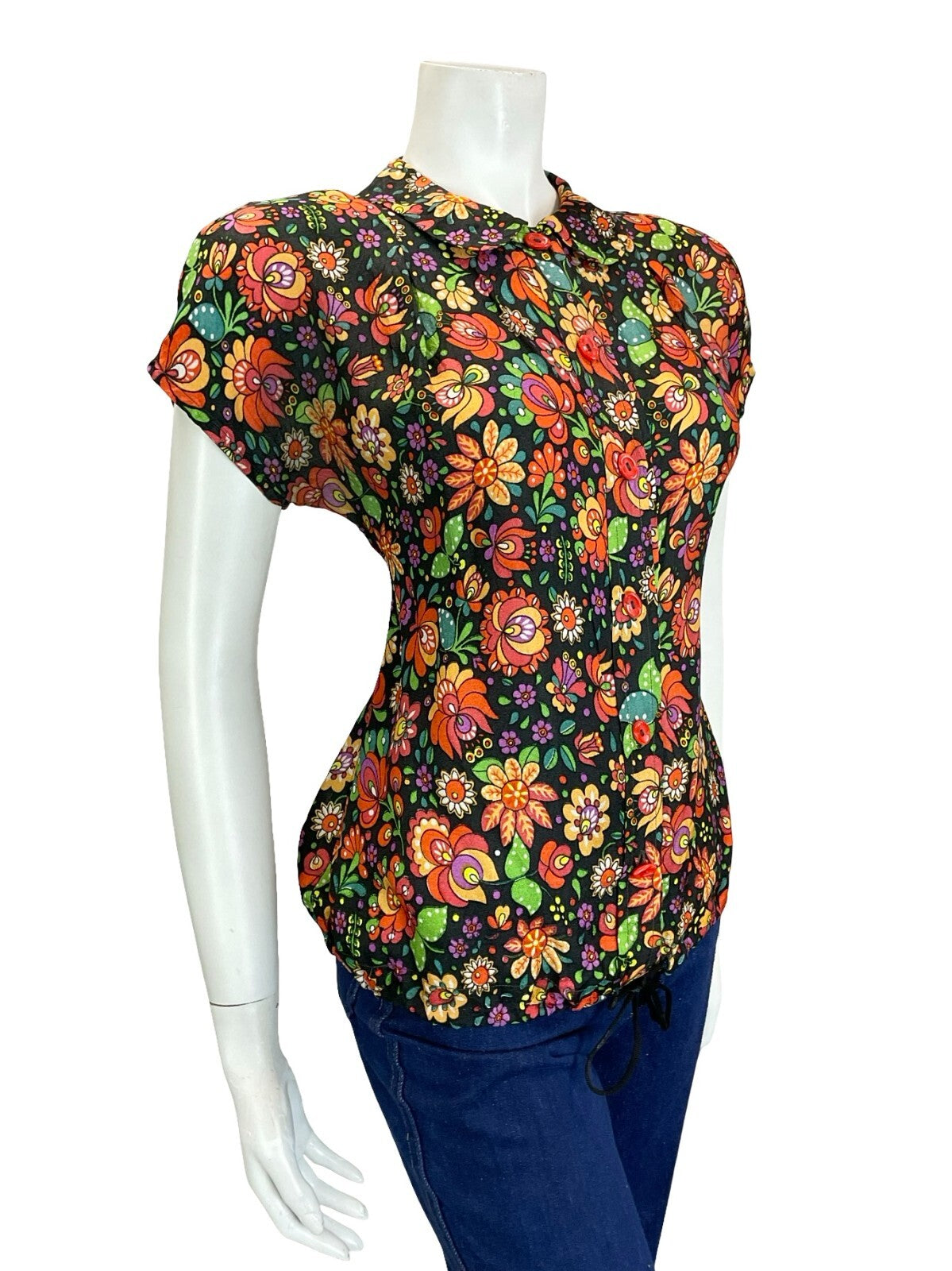 VTG 60S 70S BLACK RED ORANGE GREEN FOLK PSYCHEDELIC FLORAL BLOUSON BLOUSE 6 XS