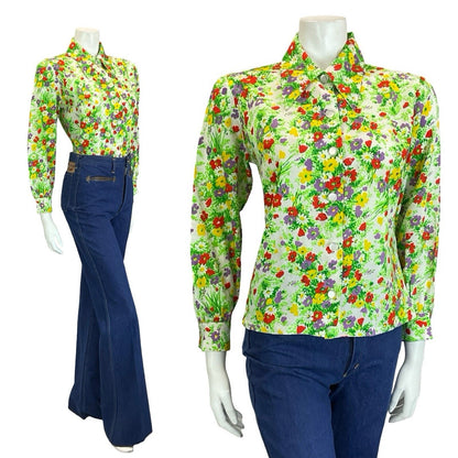 VTG 60S 70S WHITE GREEN RED PURPLE YELLOW DAGGER COLLAR FLORAL GARDEN SHIRT 12