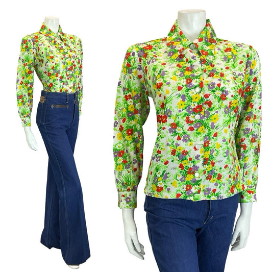 VTG 60S 70S WHITE GREEN RED PURPLE YELLOW DAGGER COLLAR FLORAL GARDEN SHIRT 12