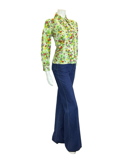 VTG 60S 70S WHITE GREEN RED PURPLE YELLOW DAGGER COLLAR FLORAL GARDEN SHIRT 12
