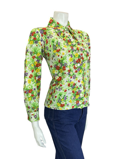 VTG 60S 70S WHITE GREEN RED PURPLE YELLOW DAGGER COLLAR FLORAL GARDEN SHIRT 12