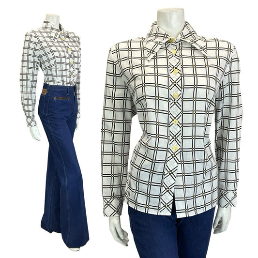 VTG 60S 70S MOD GEOMETRIC WHITE BLACK YELLOW CHECKED GRID DAGGER COLLAR SHIRT 18