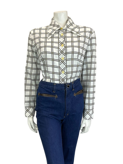VTG 60S 70S MOD GEOMETRIC WHITE BLACK YELLOW CHECKED GRID DAGGER COLLAR SHIRT 18