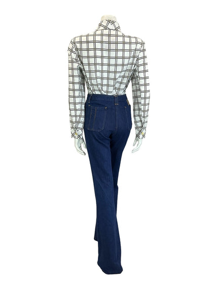 VTG 60S 70S MOD GEOMETRIC WHITE BLACK YELLOW CHECKED GRID DAGGER COLLAR SHIRT 18