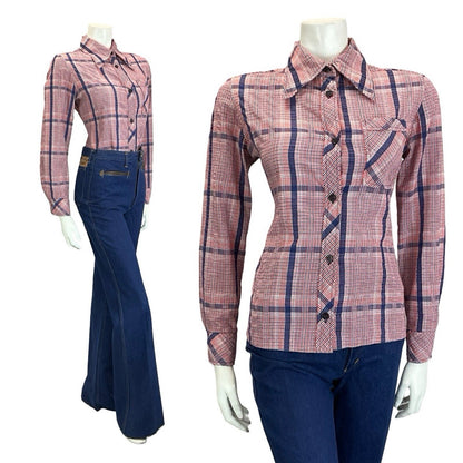 VTG 60S 70S FOLK PRAIRIE RED WHITE BLUE GINGHAM CHECKED DAGGER COLLAR SHIRT 12