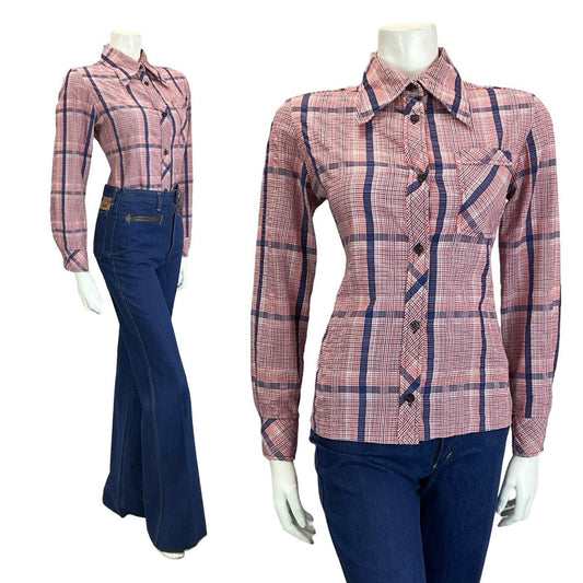 VTG 60S 70S FOLK PRAIRIE RED WHITE BLUE GINGHAM CHECKED DAGGER COLLAR SHIRT 12