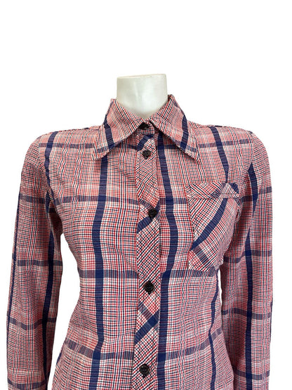 VTG 60S 70S FOLK PRAIRIE RED WHITE BLUE GINGHAM CHECKED DAGGER COLLAR SHIRT 12