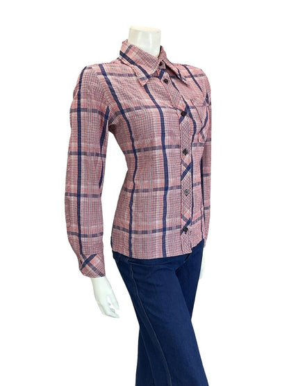 VTG 60S 70S FOLK PRAIRIE RED WHITE BLUE GINGHAM CHECKED DAGGER COLLAR SHIRT 12