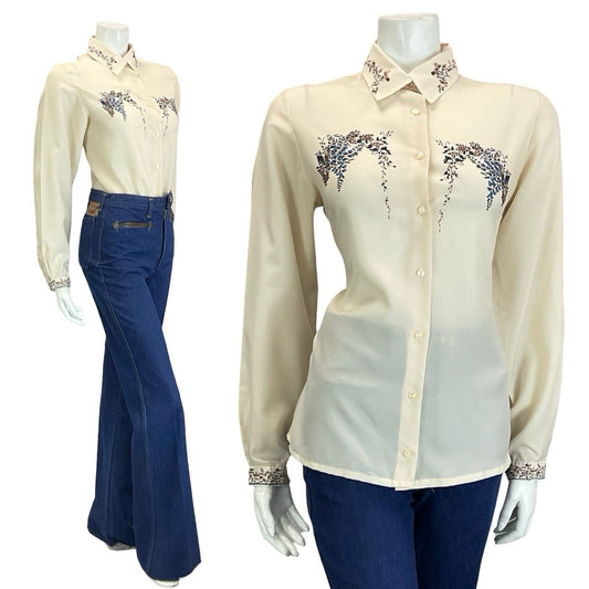 VTG 60S 70S CREAM BROWN NAVY BLUE ROMANTIC ART DECO FLORAL DETAILING SHIRT 16