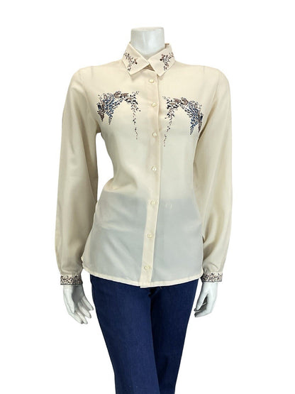 VTG 60S 70S CREAM BROWN NAVY BLUE ROMANTIC ART DECO FLORAL DETAILING SHIRT 16